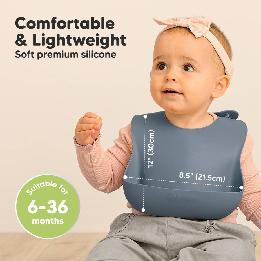 Baby wearing a gray silicone bib with measurements and text about comfort, lightness, and suitability for ages 6-36 months.