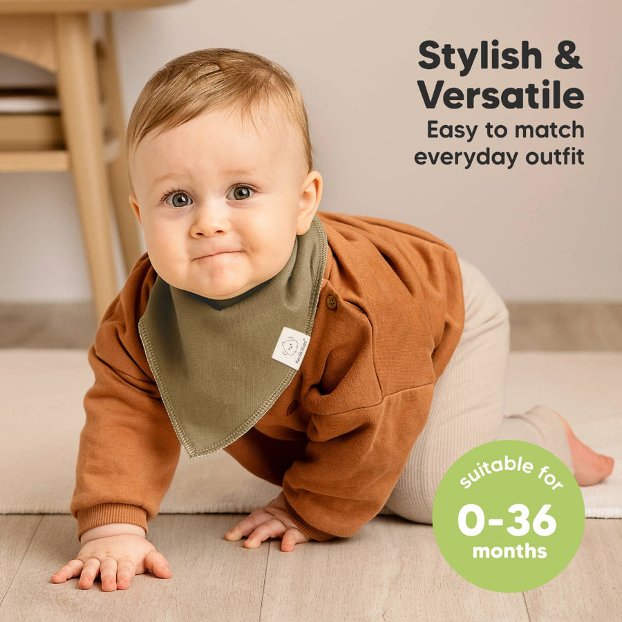 Baby wearing a brown outfit and green bib, crawling on a wooden floor.