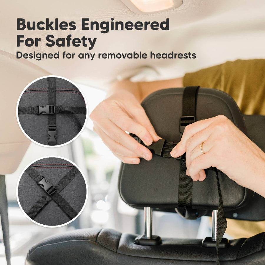 Person adjusting a car seat with buckles engineered for safety, designed for any removable headrests.