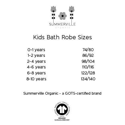 Size chart for kids bath robes by Summerville Organic on a white background