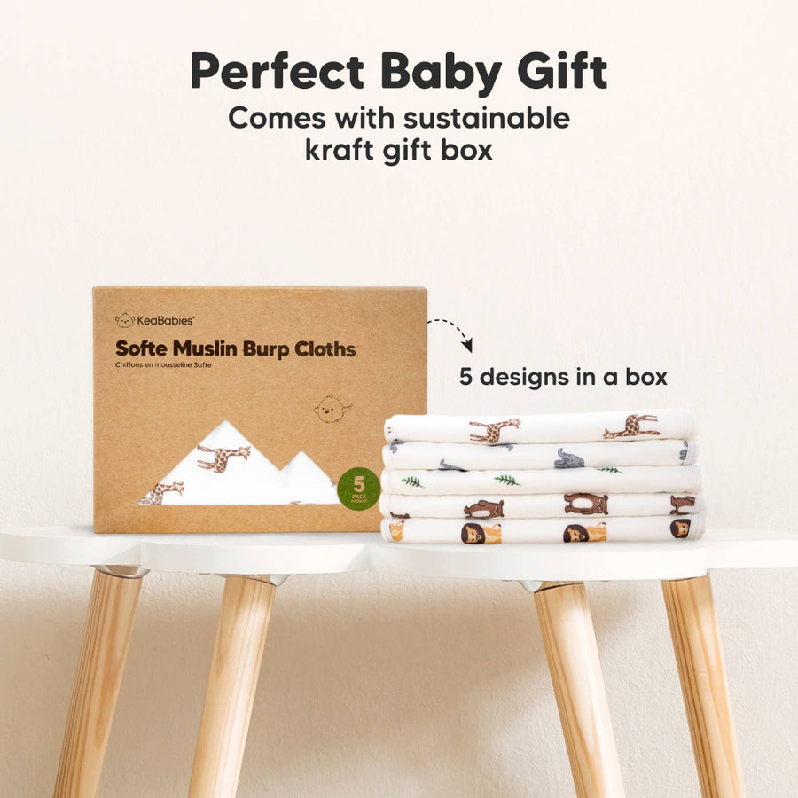 KeaBabies Softe Muslin Burp Cloths with packaging on a white background