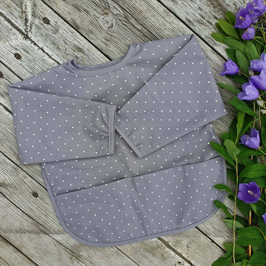 Organic Baby Bib With Sleeves - Grey Dotty