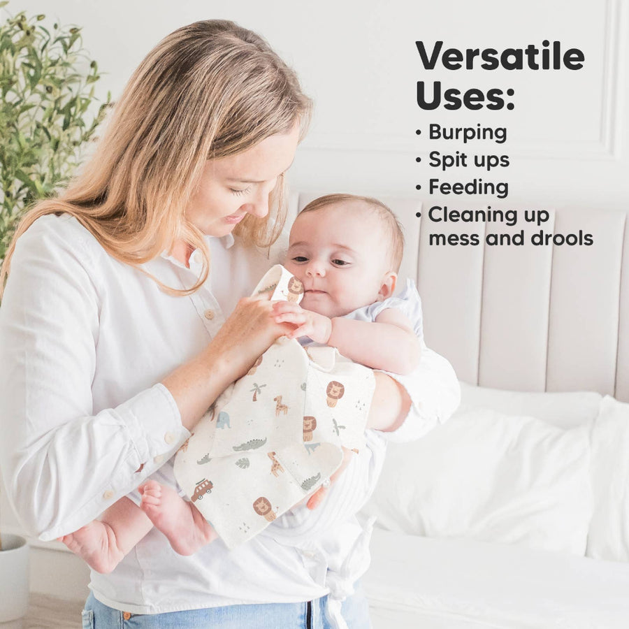 Woman holding a baby with text listing versatile uses of a product.