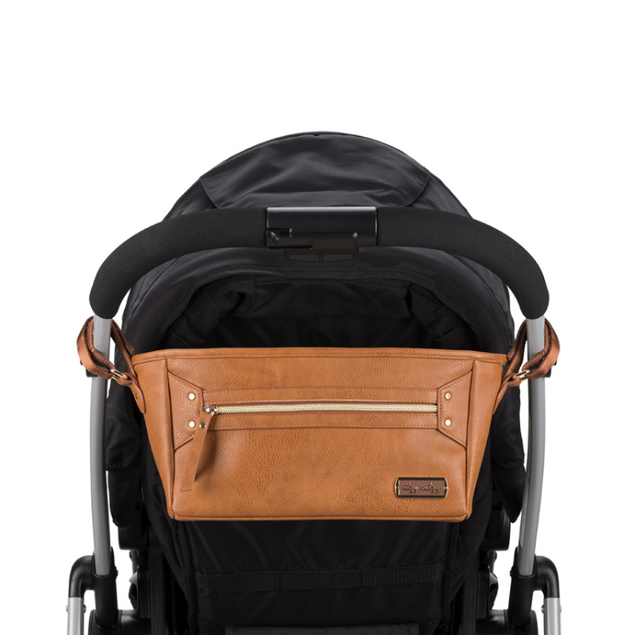 Black stroller with a brown leather storage bag on a white background
