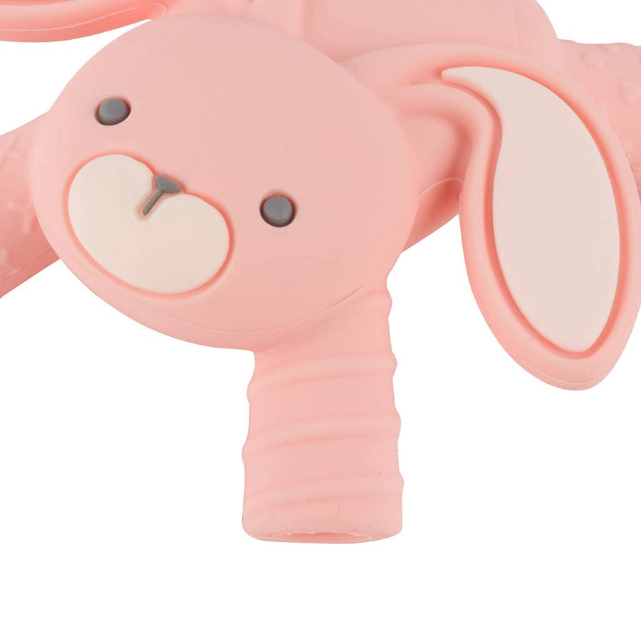 close-up picture of the bunny teether showing the ridges on the leg, against a white background