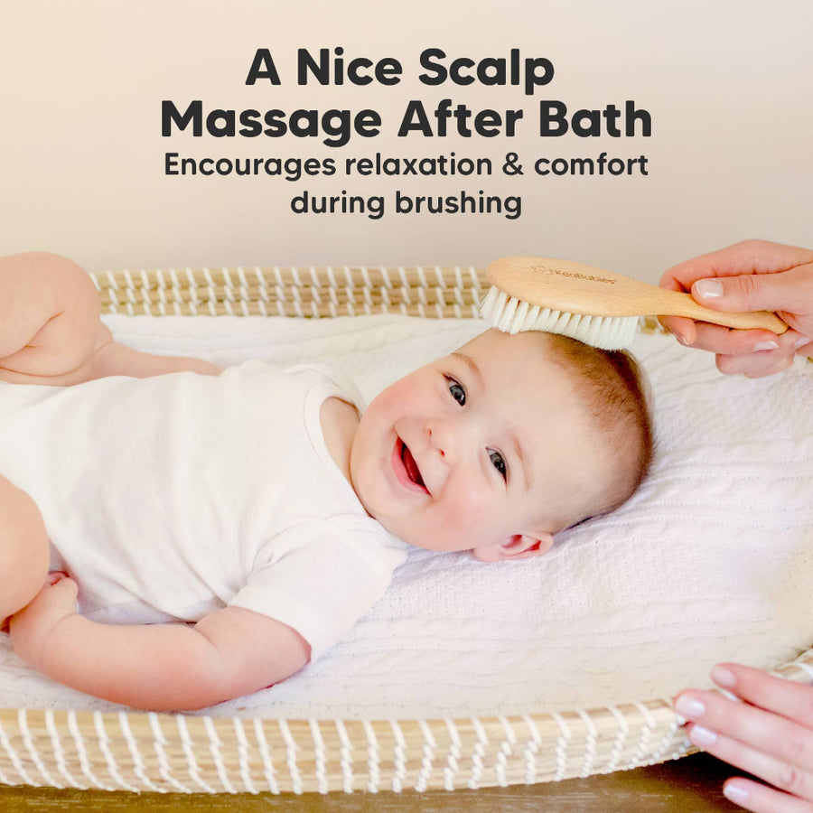 Baby being massaged on a bath mat with text about scalp massage after a bath.