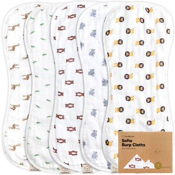 Set of five burp cloths with animal patterns and a cardboard box labeled 'Softee Burp Cloths' on a white background.