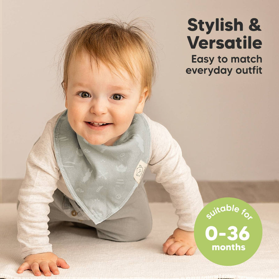 Baby wearing a light blue bib with text about its style, versatility, and suitability for ages 0-36 months.