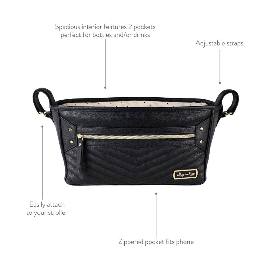 Black stroller organizer with features highlighted on a white background