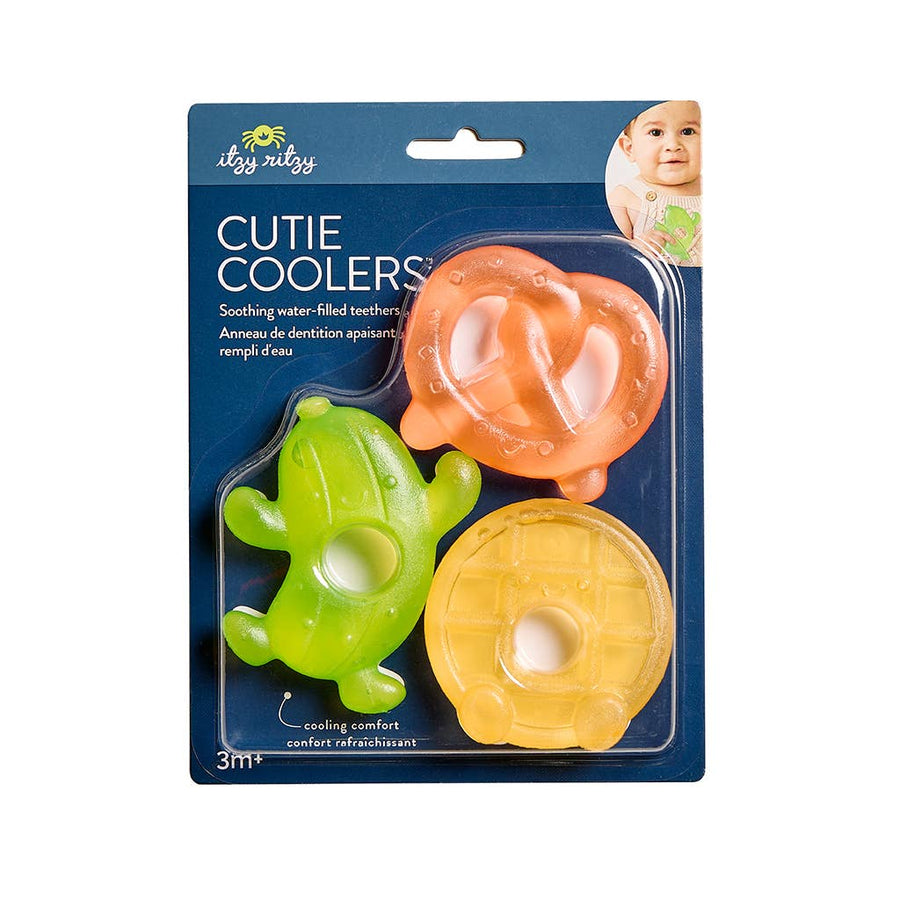 Packaged set of colorful teethers with 'Itzy Ritzy' branding on a white background