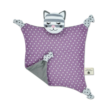 Purple polka dot blanket with a cat face and ears on a white background