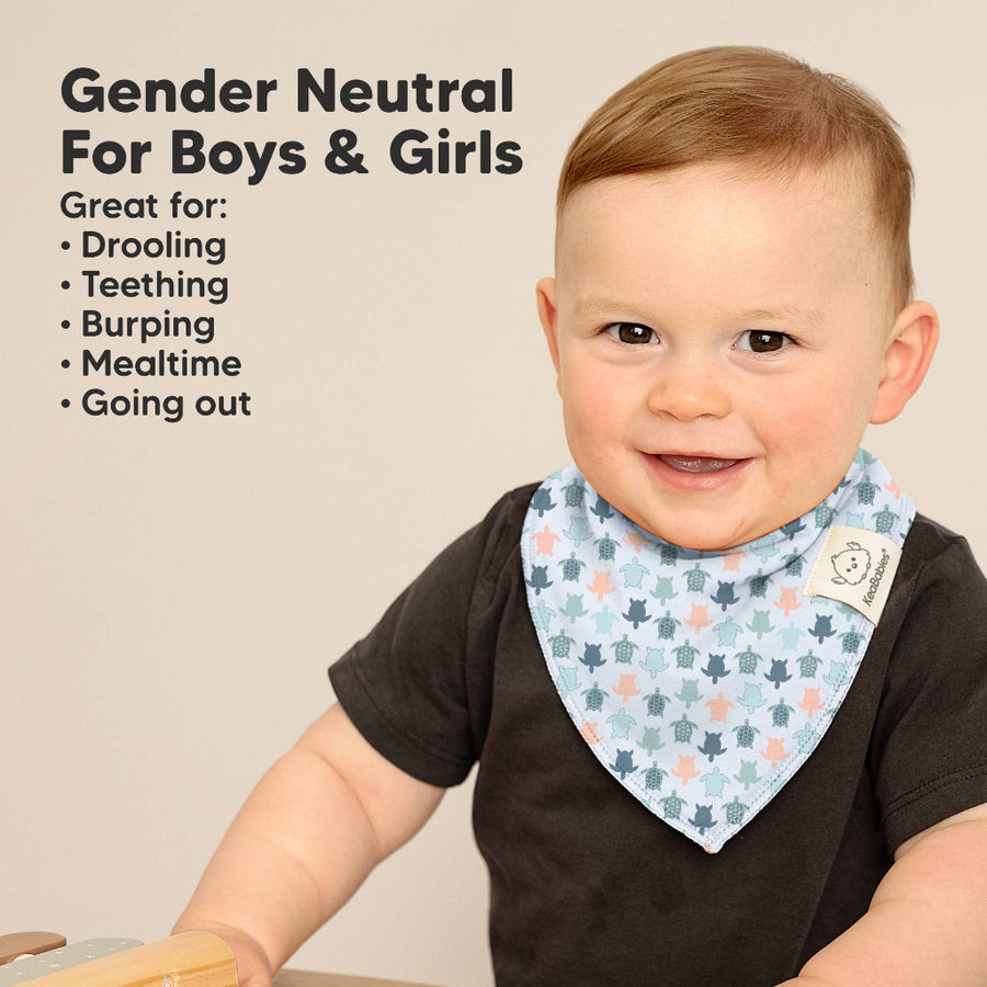 Child wearing a patterned bib with text about its uses on a beige background