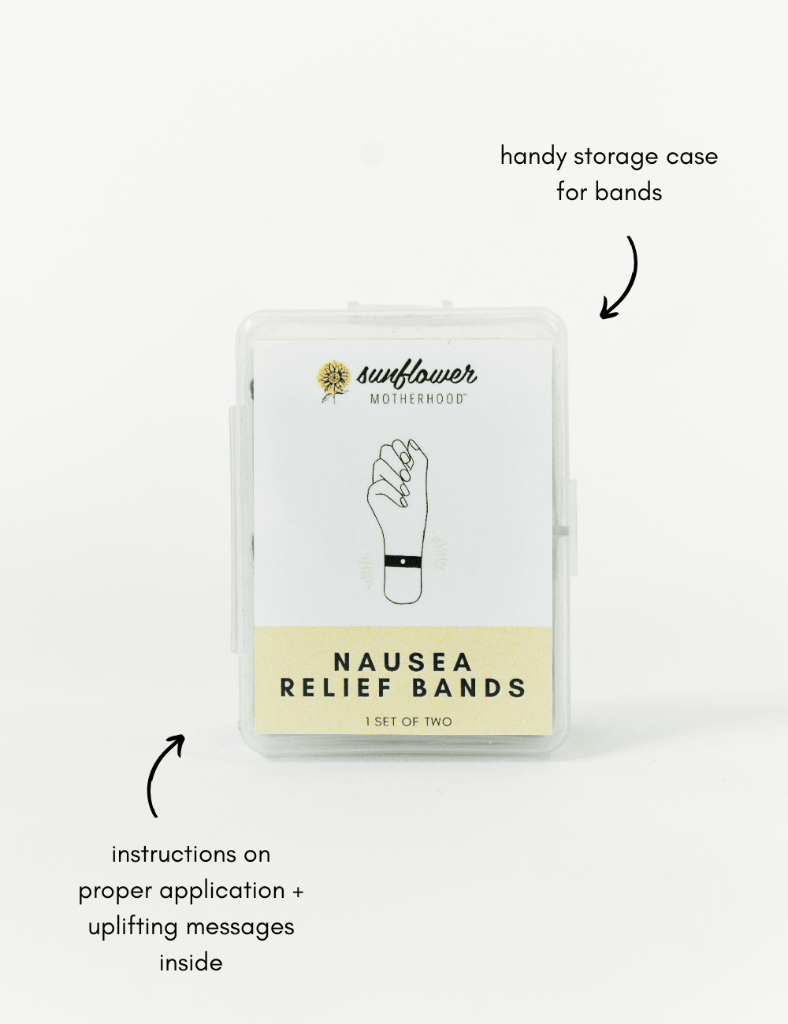 Image of the nausea relief bands package against a white background, with text that reads, 