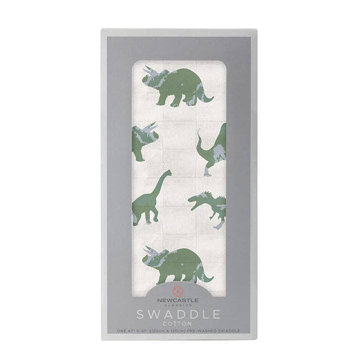 Cotton Muslin Swaddle - Granite Green Dinosaurs