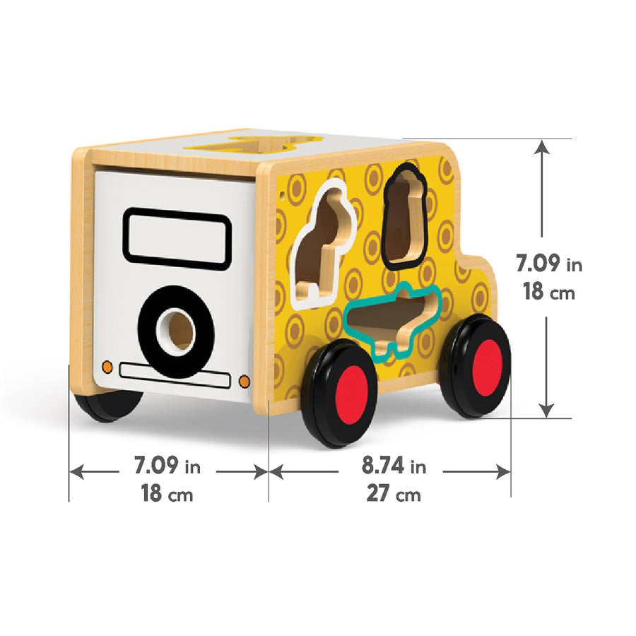 Yellow toy truck with dimensions labeled on a white background