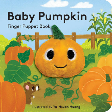 Cover of Baby Pumpkin Finger Puppet Book showing an illustration of a pumpkin patch and a mouse with a soft puppet of a pumpkin with smiling face