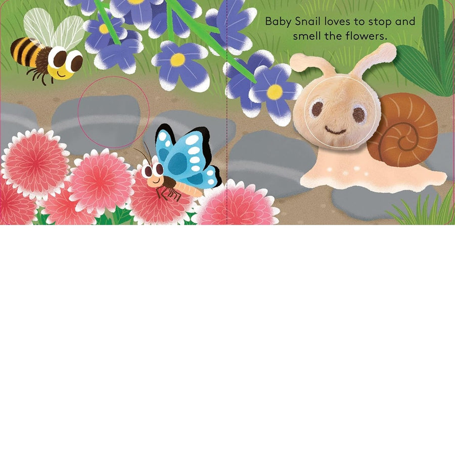 Illustration of a snail, butterfly, and bee with flowers and rocks on a children's book page.