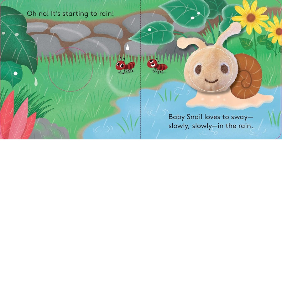 Illustration of a snail character in a rain scene with text