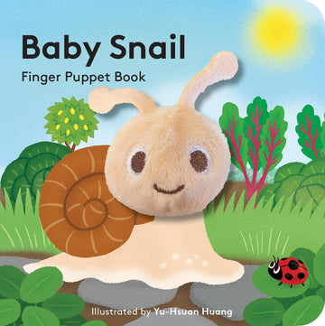Cover of Baby Snail Finger Puppet Book with illustration of a snail and a ladybug with soft snail face puppet