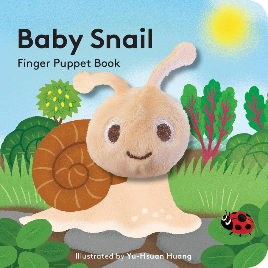 Cover of Baby Snail Finger Puppet Book with illustration of a snail and a ladybug with soft snail face puppet