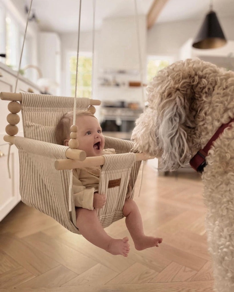 Indoor Baby/Child Swing - Greige/Vanilla Stripe