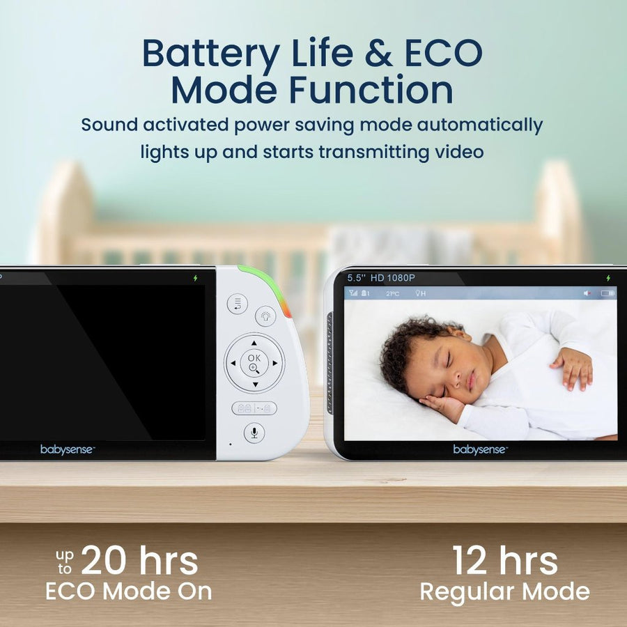Image of two monitor displays on a natural wood table with a crib and a green wall in the background. The one on the left is not lit up and has text beneath reading 