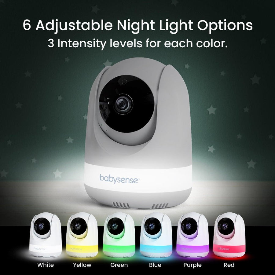 Image of the video camera with the white nightlight on (band around the bottom of the unit), on a white table with blue wallpaper with white stars. At the bottom is another image of  row of cameras with different color lights on, labeled White, Yellow, Green, Blue, Purple, Red. Text at the top reads, 