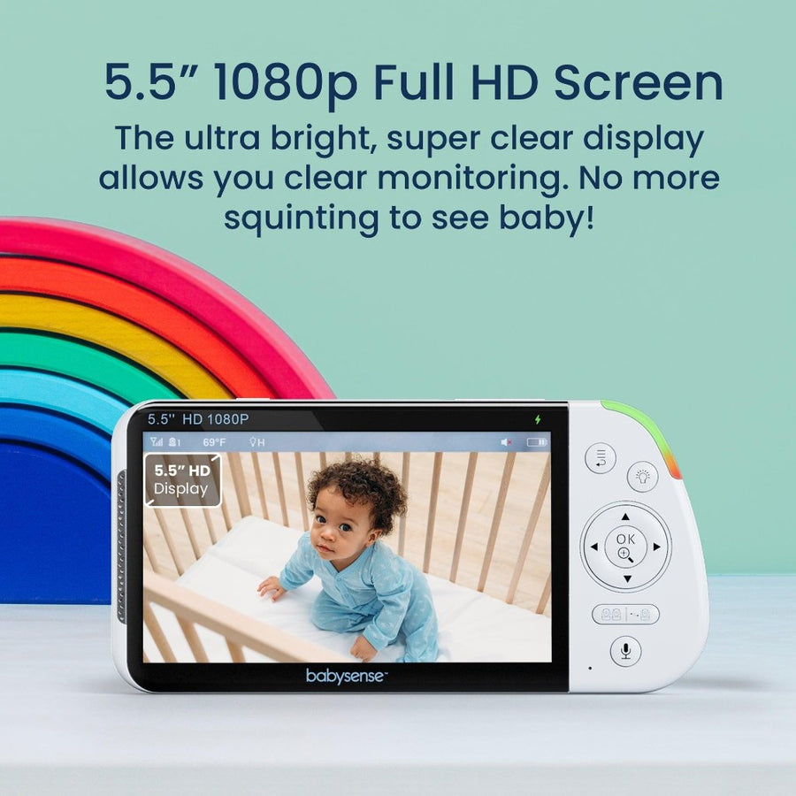 Image of the monitor display on a white table in front of wooden rainbow arches toy and a light green wall. Text at the top reads, 