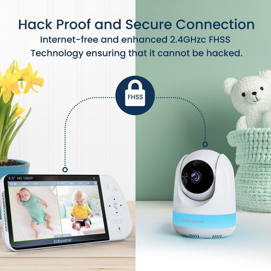 Split image shows the camera on a white surface with a light green wall and a basket with a white teddy bear in the background, and on the other half of the screen the monitor display on a natural wood surface with a white wall and potted daffodils in the background. A dotted line connects the display and the camera, with an icon of a padlock that reads FHSS. Text at the top reads, 