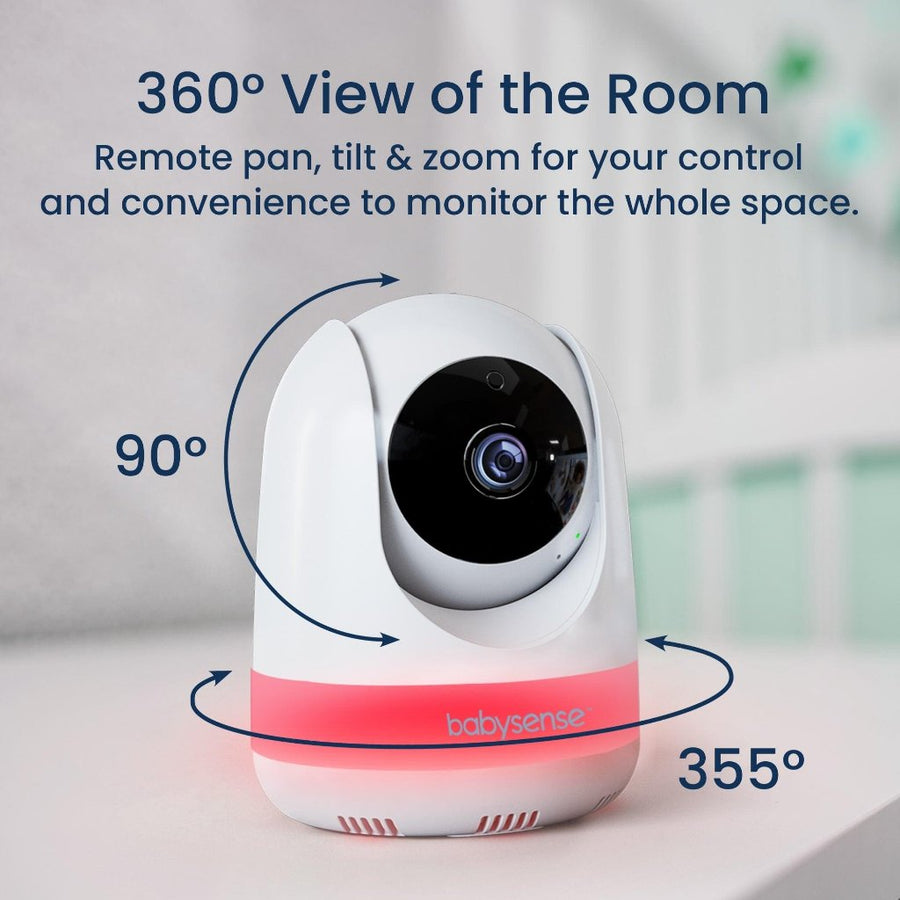 Image of the camera with arrows showing 90° of vertical rotation and 355° of horizontal rotation, with text that reads, 