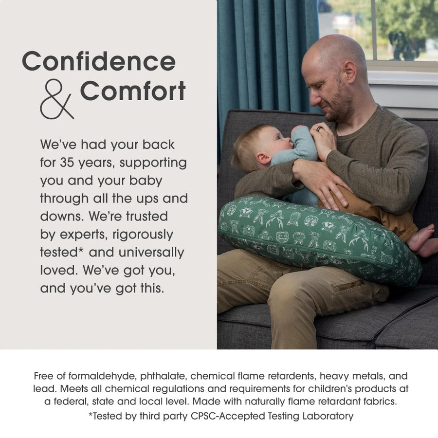 Man holding a baby on a cushion with text about confidence and comfort.