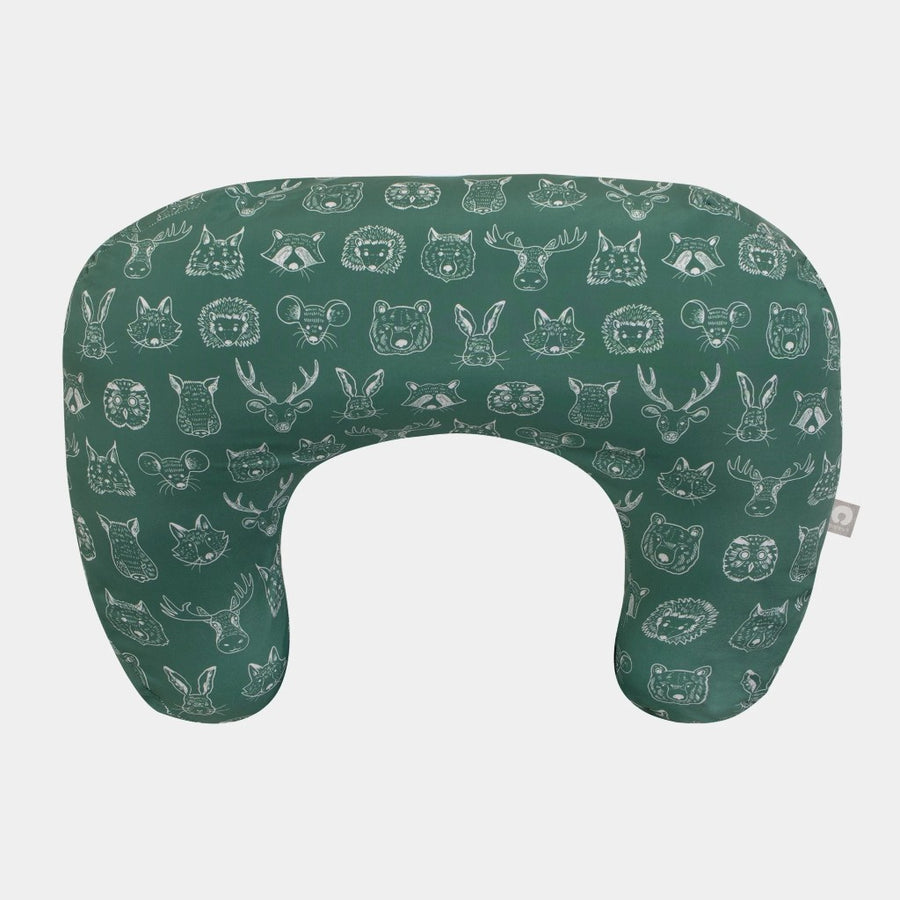 Green nursing pillow with animal pattern on a white background