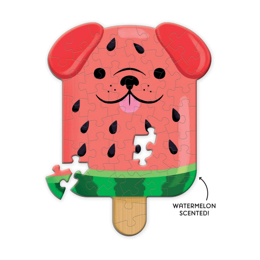 Watermelon scented puzzle shaped like a popsicle on a white background