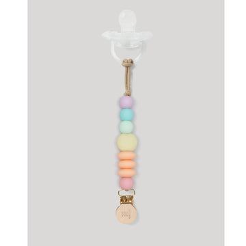 Picture of Rainbow Sherbet pacifier clip with clear silicone pacifier attached