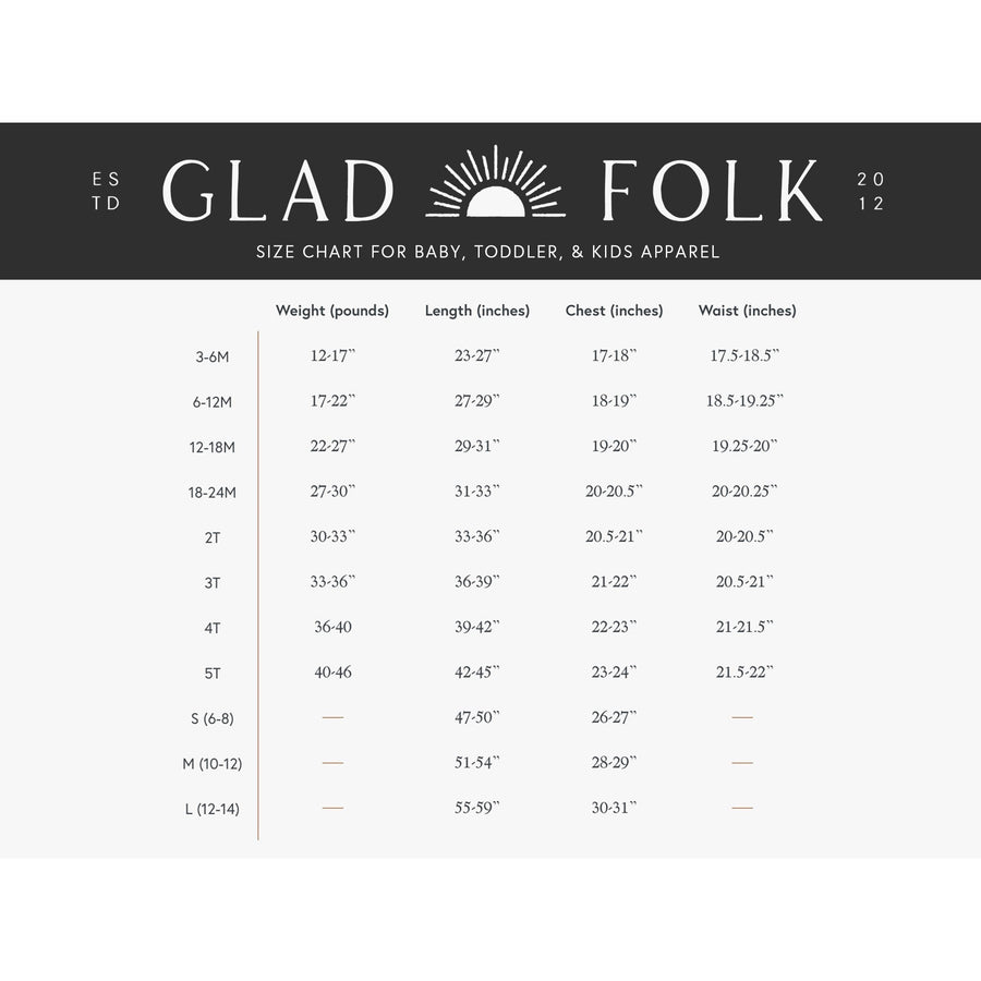 Gladfolk Sizing Chart for Baby, Toddler, and Kids Apparel