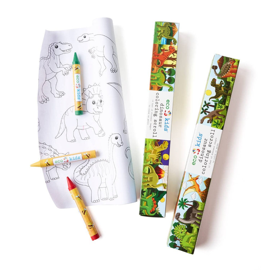 2 boxes of dinosaur coloring scroll, with one scroll outside of the box and 3 ecokids crayons laying on it