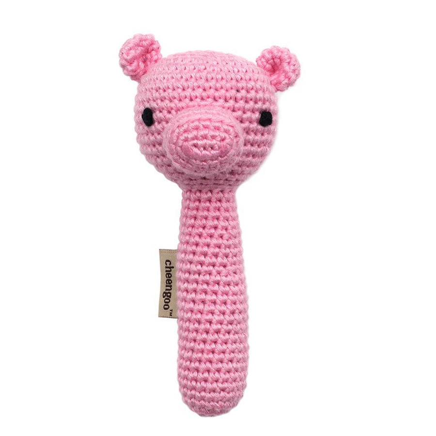 Handmade Crochet Teething Stick Rattle - Pig