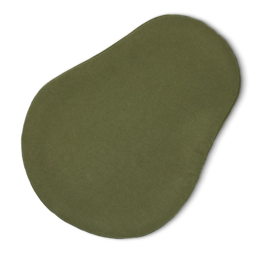 Picture of the back of an Apple Park Organic Avocado Crinkle Blankie. It is made of dark green knit fabric in the shape of an outline of an avocado