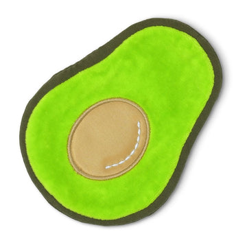 Picture of Apple Park Organic Avocado Crinkle Blankie. It is in the shape of a cut half of an avocado, with a brown pit with white detail stitching, fuzzy green body, and dark green edge.