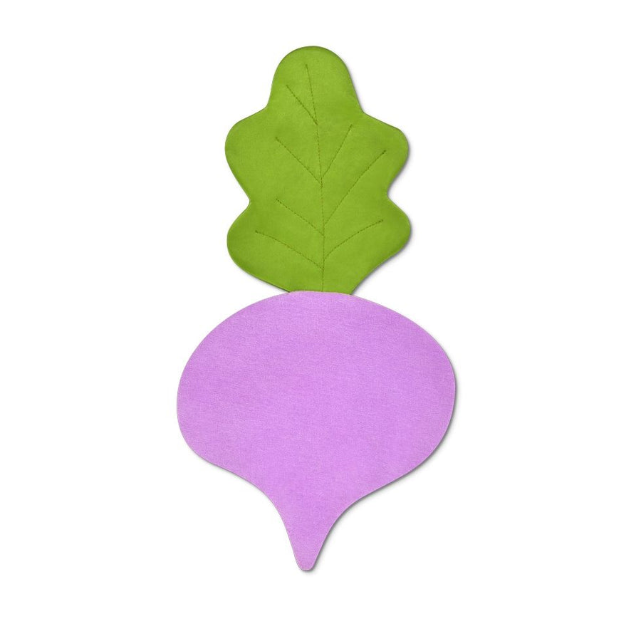 Picture of the back of an Apple Park Organic Radish crinkle Blankie. It is in the shape of a light purple radish with a green leaf with green stitching