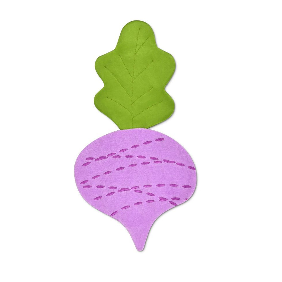 Picture of an Apple Park Organic Radish crinkle Blankie. It is in the shape of a light purple radish with darker purple detail stitching and a green leaf with green stitching