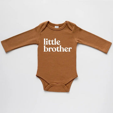 Gladfolk organic little brother long-sleeved baby bodysuit in camel with white ink