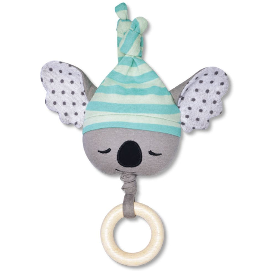 Picture of an Apple Park Organic Kozy Koala Waggle Toy. It has a wooden ring suspended from a plush gray koala face with gray polka dot inner ears and a cream and light blue striped hat. It has a fabric loop for hanging at the top