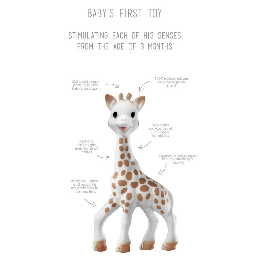 Picture of Sophie La Girafe teether with text that reads, 